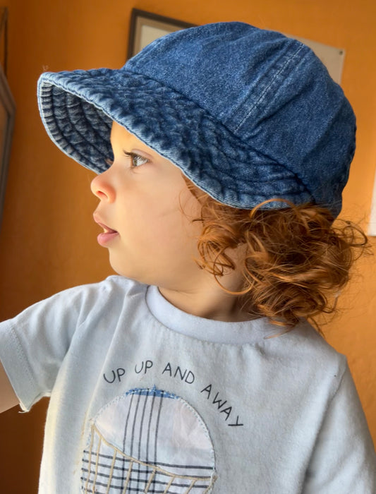 Side view of denim hat 